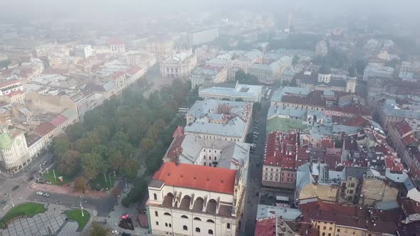 Beautiful view of the city center with old buildings and green park