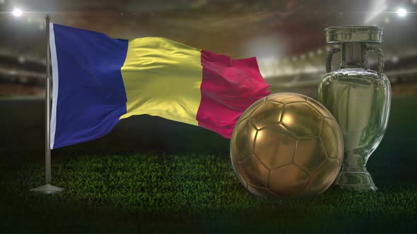 Romania Flag With Football And Cup Background Loop