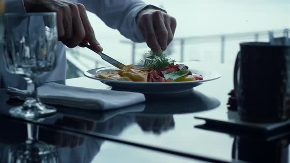 Unknown Man Hands Cutting Cooked Food Lunch Bite Closeup