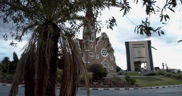 View from the sidewalk on the amazing Christ Church in Windhoek, 4k