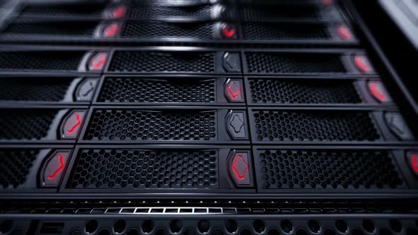 Endless working data servers animation. Red shining LED lights. Loopable. HD