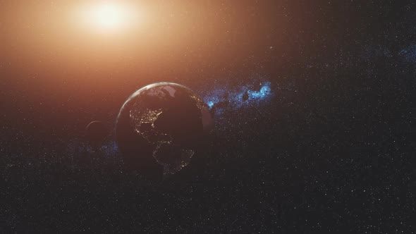 Planet Earth Rotate Moon Orbit Soft Sun Beam Glow