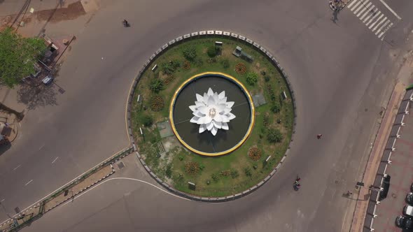 Aerial view of a roundabout with empty roads in Dhaka, Bangladesh.