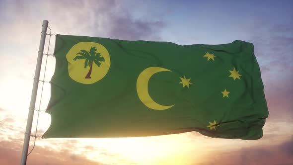 Territory of Cocos or Keeling Islands Flag Italy Waving in the Wind Sky and Sun Background