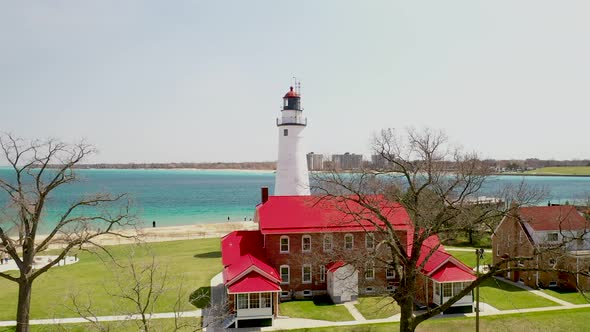 Fort Gratiot Lighthouse in Port Huron, Michigan with drone videoing up.