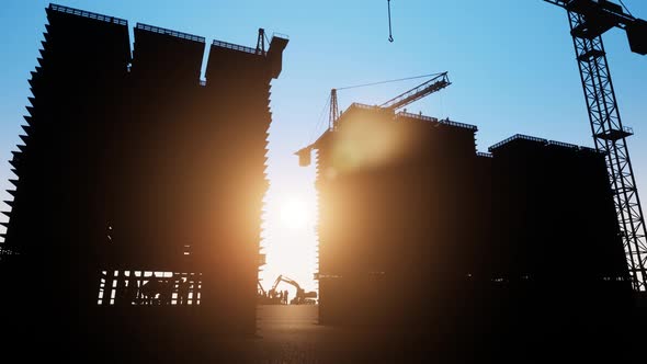 Construction Workers And Cranes With Sun alt