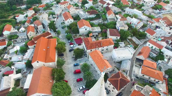 Birds eye view of St, Nicholas Church and the surrounding buildings in Selca Croatia