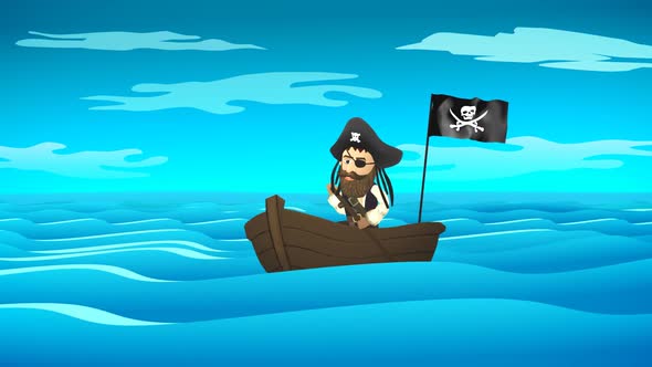 The lonely pirate with the mustache and a hat is sailing in a wooden boat.