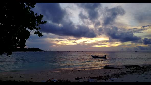 Aerial above sky of paradise tourist beach voyage by blue green sea with clean sand background of a 