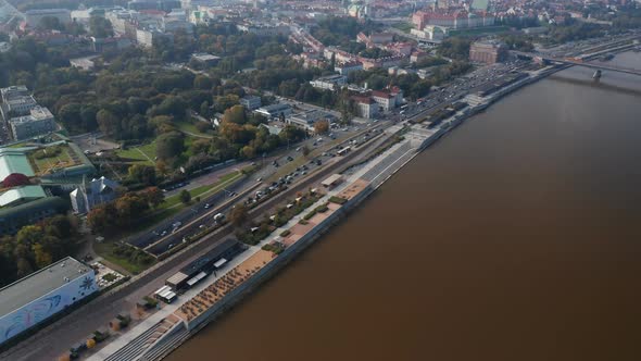 High Angle View of Heavy Traffic on Trunk Road Leading Along Vistula River