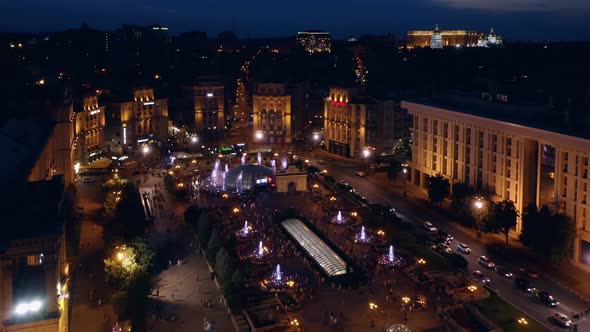 Illuminated Kiev City Center Square at Night