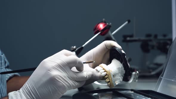 dental technician creates dental prostheses. laboratory. close-up.