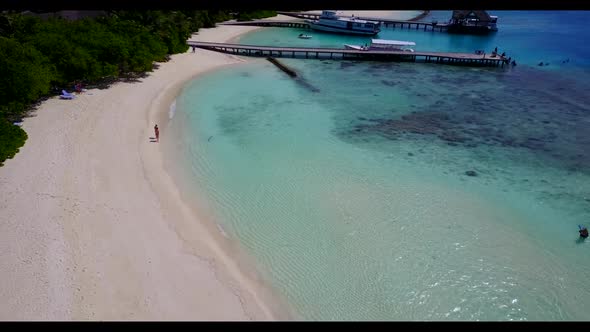 Aerial tourism of tropical bay beach voyage by blue green sea and white sand background of a picnic 