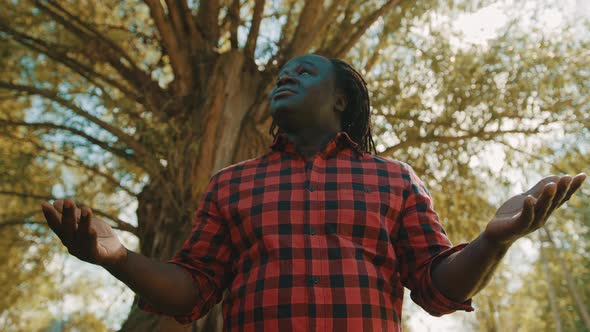 African Man Takes a Big Breath Rises Hands and Look Up a the Sky. Sun Rays Comming Through the Tree