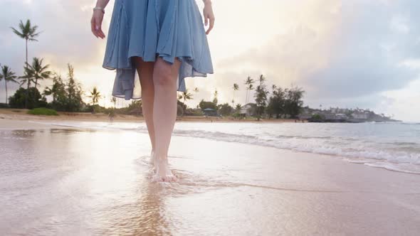 Female Traveler in Blue Dress Walking Along Tropical Ocean Beach Slow Motion RED