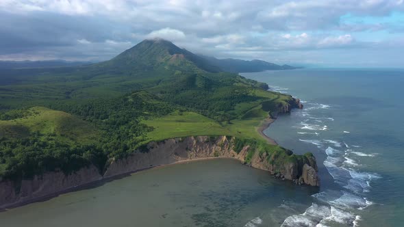 Flying Above the Tikhaya Bay. Coastline of Sakhalin Island, Russia.