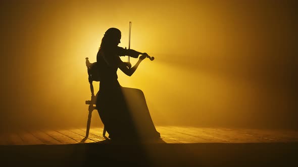 Silhouette of a Girl Violinist in a Long Dress