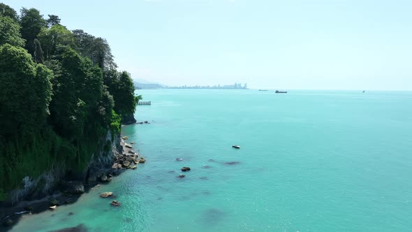 Aerial view of the Black sea coast. The Botanical Garden of Batumi, located at area of Green Cape