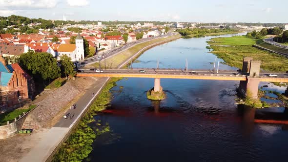 Bird's eye view of Grand Duke of Lithuania Vytautas the Great (Aleksotas) bridge over river Nemunas,