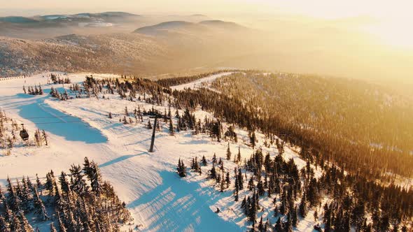 Mountain Slopes with Pine and Skiing Pistes with Chairlift