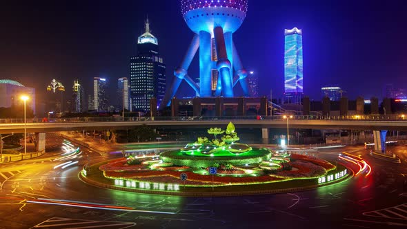 Shanghai Heavy Street Traffic Timelapse at Night Zoom Out