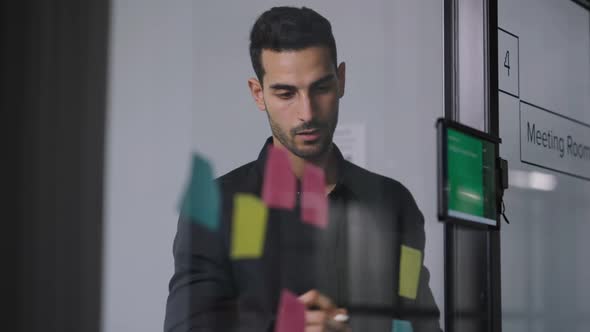 Portrait of Focused Middle Eastern Man Writing with Pen on Sticky Notes Standing Behind Glass Door