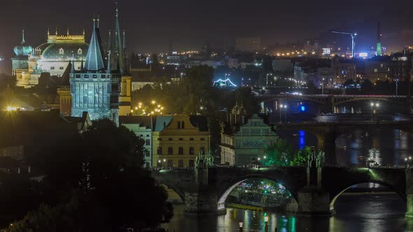 Scenic View of Bridges on the Vltava River Night Timelapse and of the Historical Center of Prague