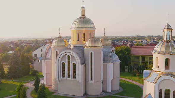 Beautiful Ukrainian Village Panoramic View with Church Aerial Photography