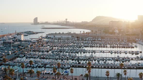 Aerial Wide Shot of Port Olimpic Marine Region in Barcelona