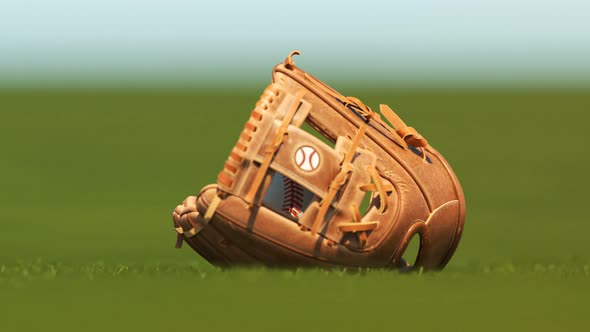 Vintage leather baseball glove with a ball lying down on a fresh stadium grass.