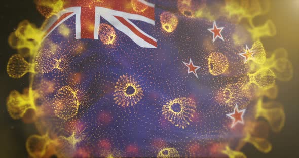 New Zealand Flag With Coronavirus Microbe Centered