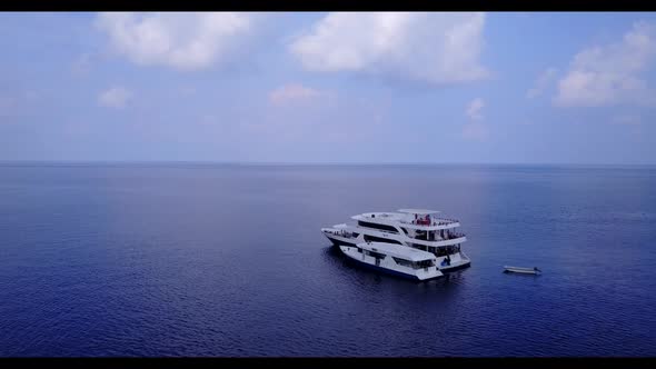 Aerial flying over sky of exotic lagoon beach journey by transparent ocean with white sandy backgrou