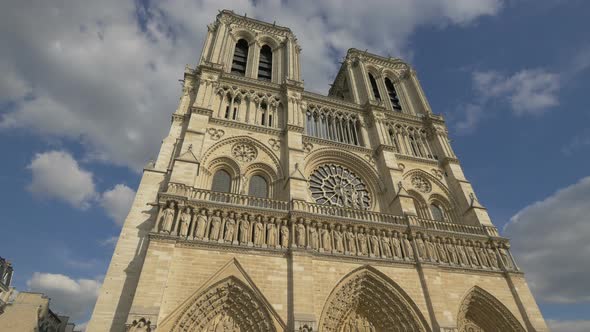 Low angle of NotreDame Cathedral in Paris