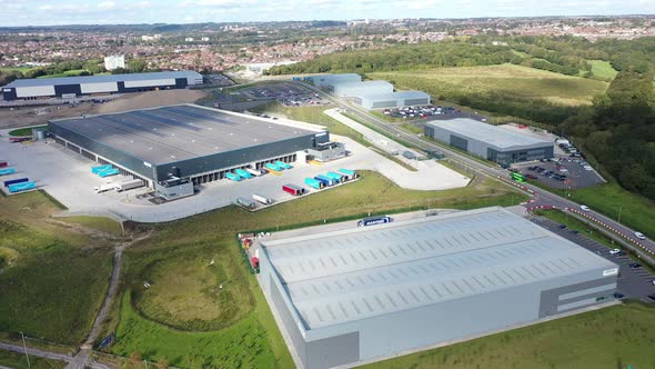 Aerial drone footage of the the Amazon distribution centre in the town of Leeds, West Yorkshire