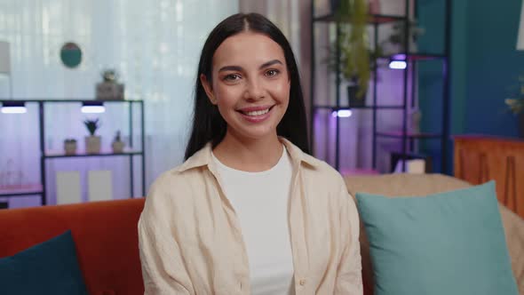 Closeup Portrait of Happy Smiling Caucasian Woman in Shirt Looking at Camera Celebrate Good News