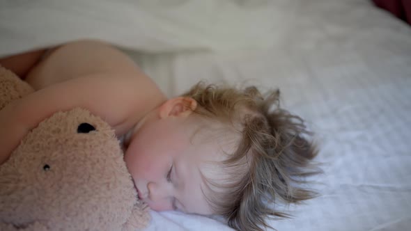 Sleeping Baby Happy and Carefree in Bed Hugging a Teddy Bear Toy