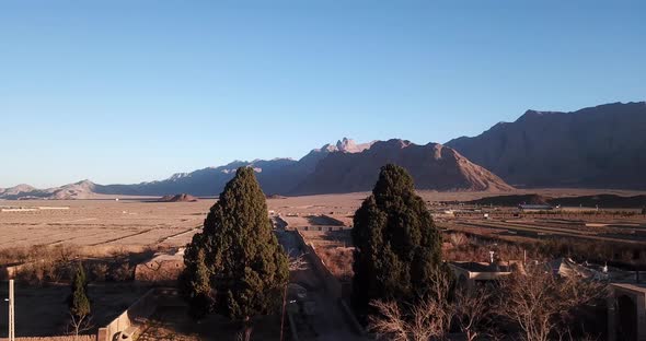 Twin Holy Cypresses Trees in a Little Village in Iran Taft Yazd Zoroastrian People Settlement Mobara