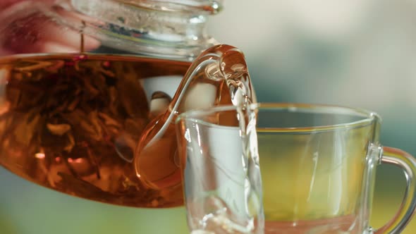 Pouring Fresh Tea in Glass Cup Closeup