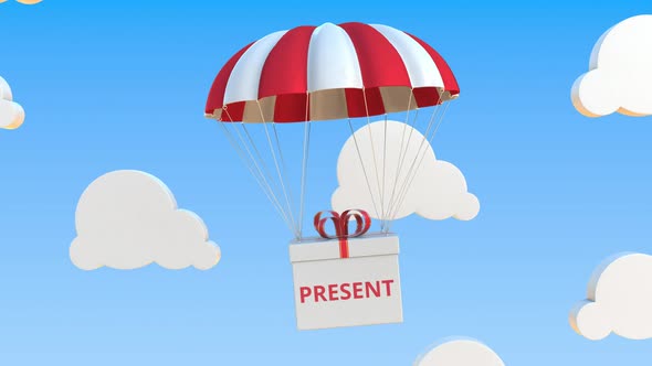 Box with PRESENT Text Falls with a Parachute