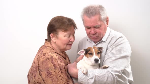 An Elderly Couple with a Dog on a White Background