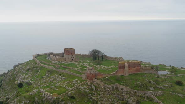 Aerial footage of the medieval castle ruin of Hammershus in Denmark, drone stock footage