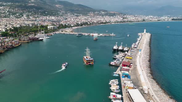 Luxury Yachts in the port aerial view 4 K Alanya Turkey