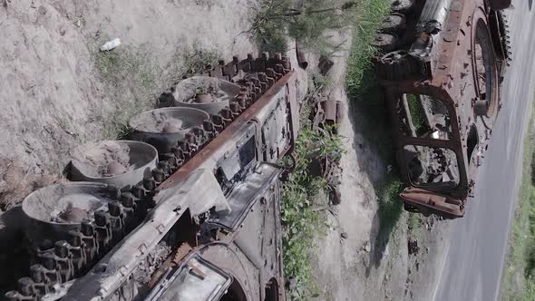 Vertical Video of a Burnt Military Equipment During the War in Ukraine