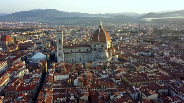 Duomo Cathedral of Santa Maria del Fiore, baptistery and panoramic view of Florence Italy, Aerial ap