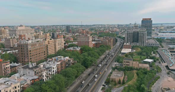 Panoramic View of New York City of Landscape Skyline Buildings in the on a Highway Running Through