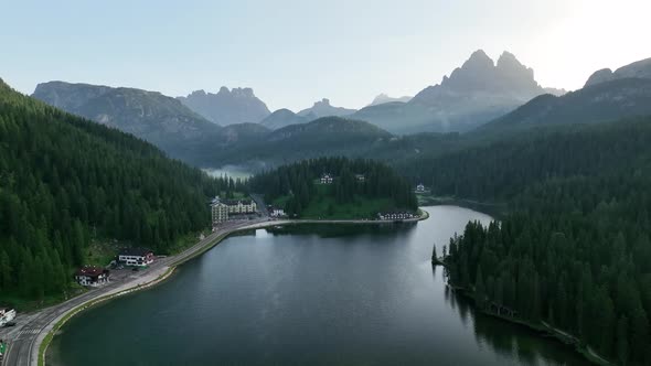 Lake of Misurina, aerial view of Dolomites