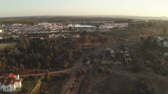 Aerial drone view of the abandoned mines of Mina de Sao Domingos, in Alentejo Portugal