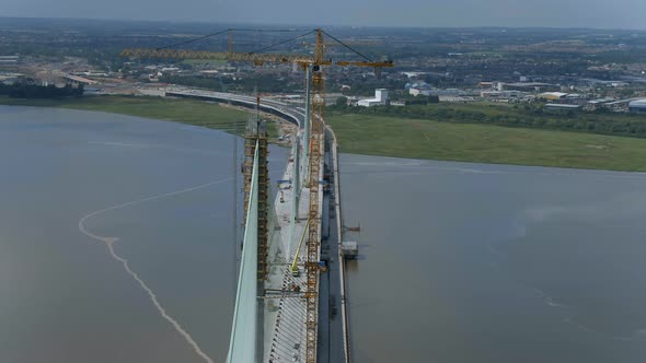 Aerial View of a Cable Stayed Bridge in the Late Construction Phase