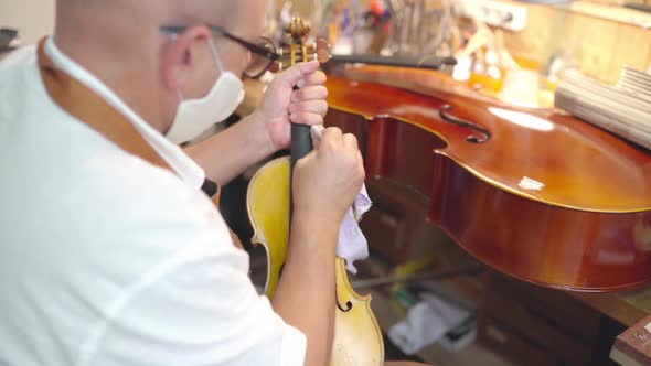 Craftsman with violin in professional workshop