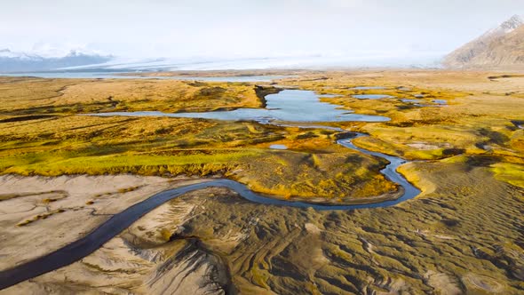 Magical Aerial Flight Over Iceland a Volcanic Landscape with Green Moss and Turquoise Lakes From a